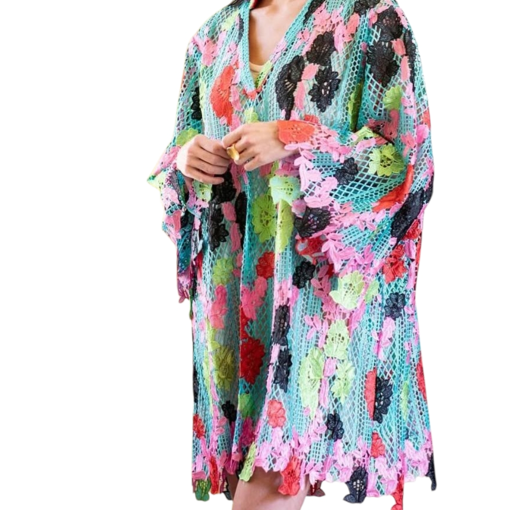 Holly Shae Plus Size Lace Caftan Mesh Floral Cover Up Boho Resort 1x